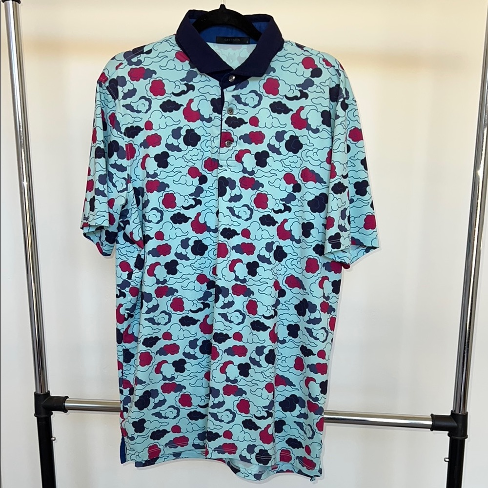 Greyson Men's Blue and Pink Patterned Polo Shirt